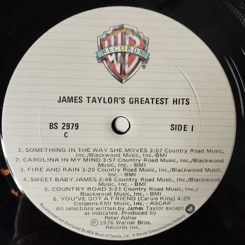 Винтажная виниловая пластинка LP James Taylor Greatest Hits (Canada 1976)
