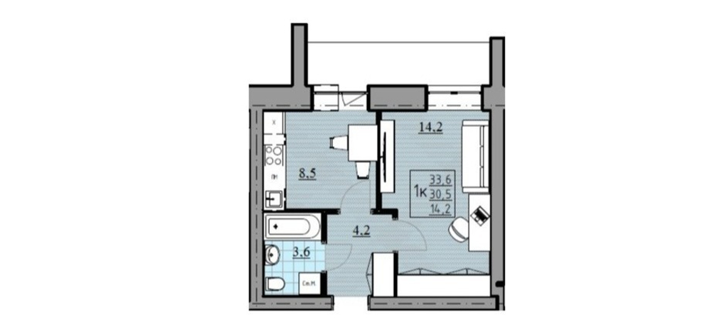 1-комнатная квартира, 30,5 м² / Чистовая отделка
