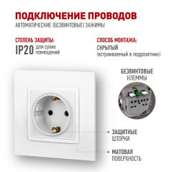 Розетка ЭРА Elegance 14-2102-01М с заземлением 2P+E Schuko со шторками 16А-250В белый матовый | Эра Elegance