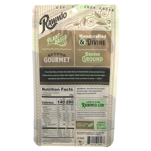 Rawmio, Сердечки с мятой и шоколадом, 70% сырого какао, 56,7 г (2 унции)
