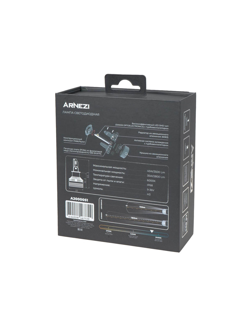 Лампа светодиодная 12/24V H3 45W 3500lm 6000K ARNEZI Vivid LED 2 шт. DUOBOX IP68 A2000051