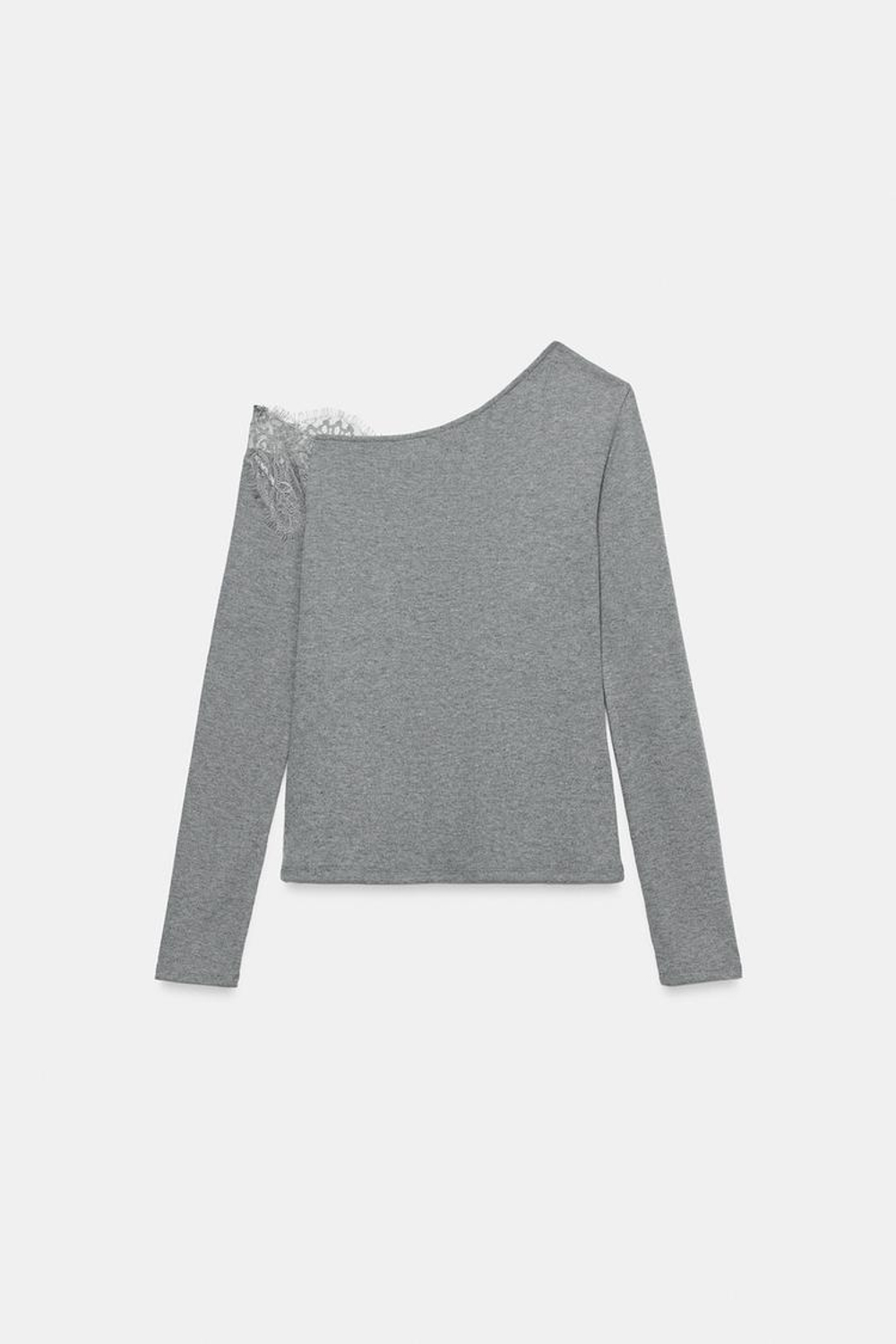 ZARA АСИММЕТРИЧНЫЙ ТОП С КРУЖЕВОМ, СЕРЫЙ МЕЛАНЖ