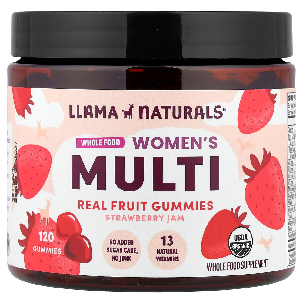 Llama Naturals, мультивитамины на растительной основе для женщин, настоящие фрукты, клубничный джем, 120 жевательных таблеток