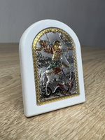 Георгий Победоносец, икона арочная, белое дерево, эмаль 86х112