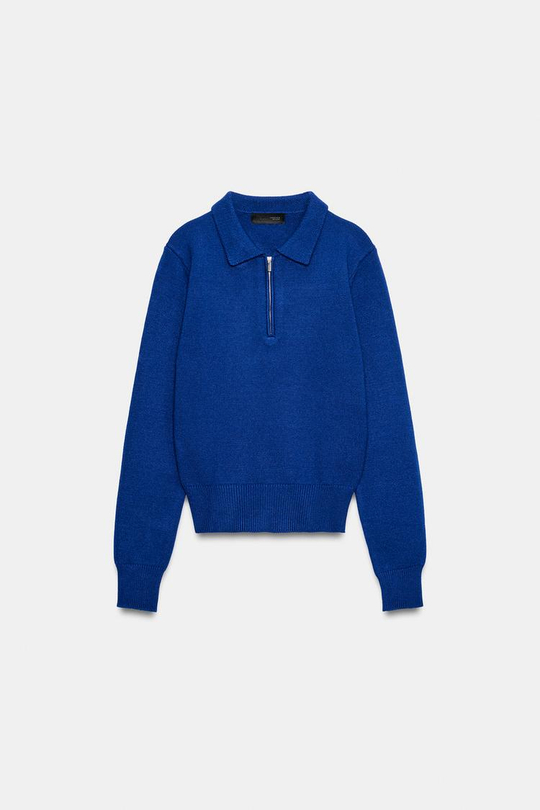 ZARA ТРИКОТАЖНОЕ ПОЛО НА МОЛНИИ, ЯРКО-СИНИЙ