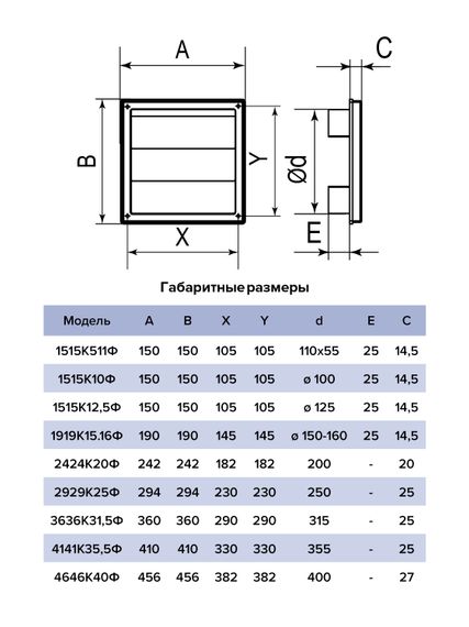 Выход стенной КФ фланец 55х110 жалюзи 150х150 ASA ERA