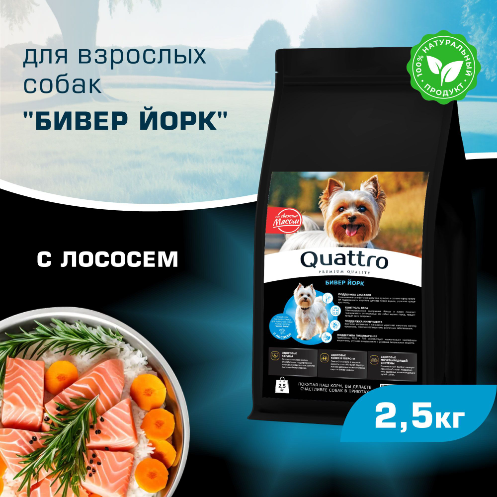 Корм сухой для взрослых собак породы Бивер Йорк, с лососем, 2,5 кг, QUATTRO