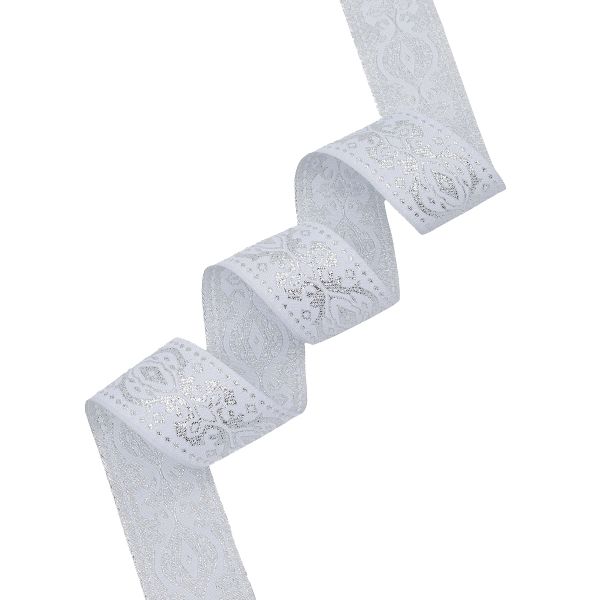 Лента (тесьма) жаккардовая 35.0 мм / 10 метров, металлизированная Дамаск, белый / серебро