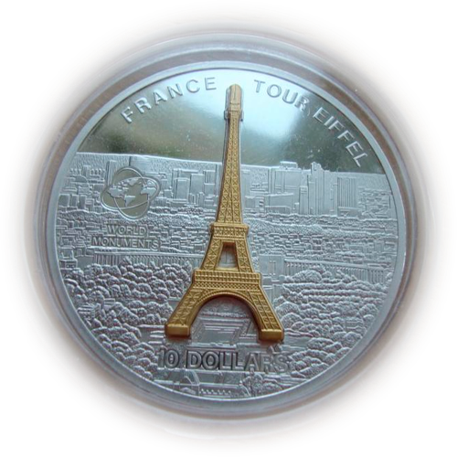 О-ва Кука 10 долларов 2007 Франция Эйфелева башня Мировые памятники 3D СЕРЕБРО