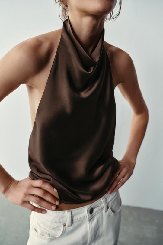 ZARA АТЛАСНЫЙ ТОП С ГОРЛОВИНОЙ ХАЛТЕР, КОРИЧНЕВЫЙ