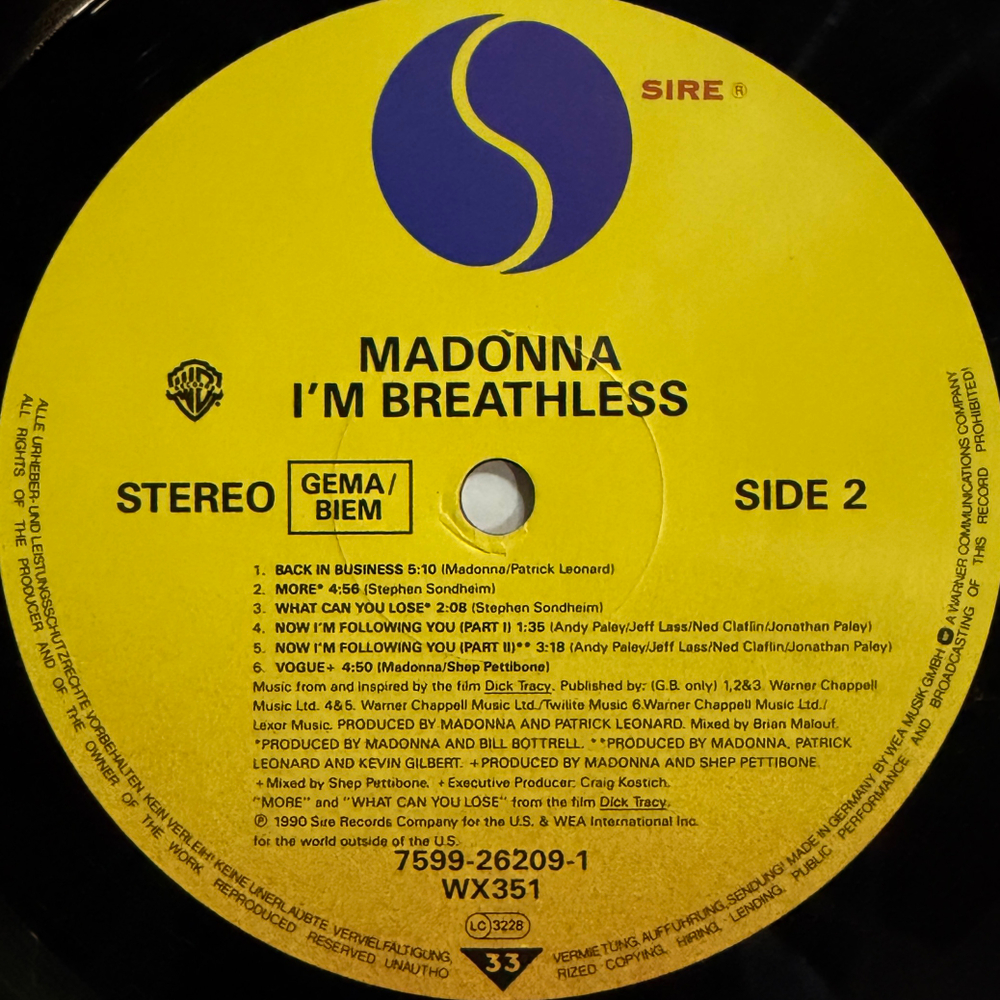 Madonna - I'm Breathless (Music From And Inspired By The Film Dick Tracy) Германия 1990г.