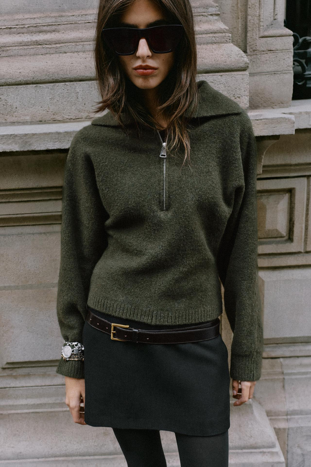 ZARA СВИТЕР ИЗ МЯГКОГО ТРИКОТАЖА НА МОЛНИИ, ТЕМНЫЙ ХАКИ