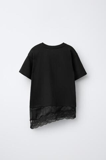 ZARA КОМБИНИРОВАННАЯ ФУТБОЛКА С КРУЖЕВОМ, ЧЕРНЫЙ