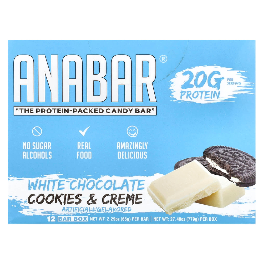 The Anabar, The Protein-Packed Candy Bar®, печенье с кремом из белого шоколада, 12 батончиков по 65 г (2,29 унции)