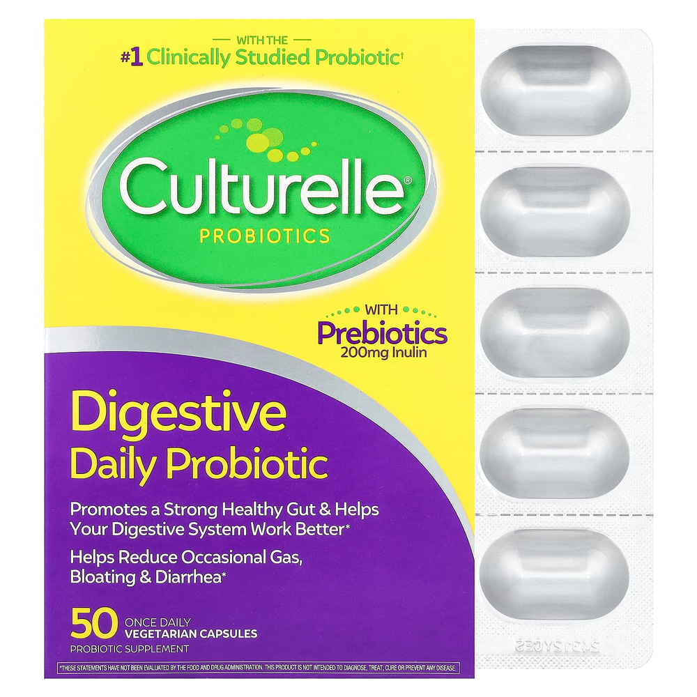 Culturelle, пробиотики, ежедневный пищеварительный пробиотик, 10 миллиардов КОЕ, 50 вегетарианских капсул для приема один раз в день