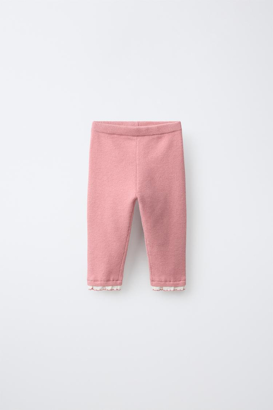 ZARA ТРИКОТАЖНЫЕ ЛЕГИНСЫ С ОБОРАМИ, БЛЕДНО-РОЗОВЫЙ
