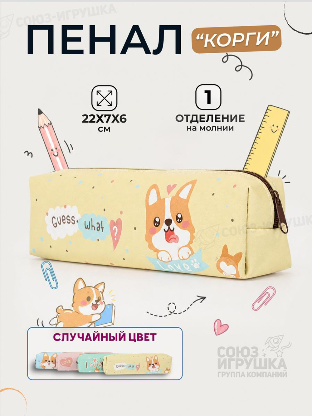 Пенал-косметичка "Корги", квадрат, 1отд. на молнии, кожзам, микс, D-608B-3595