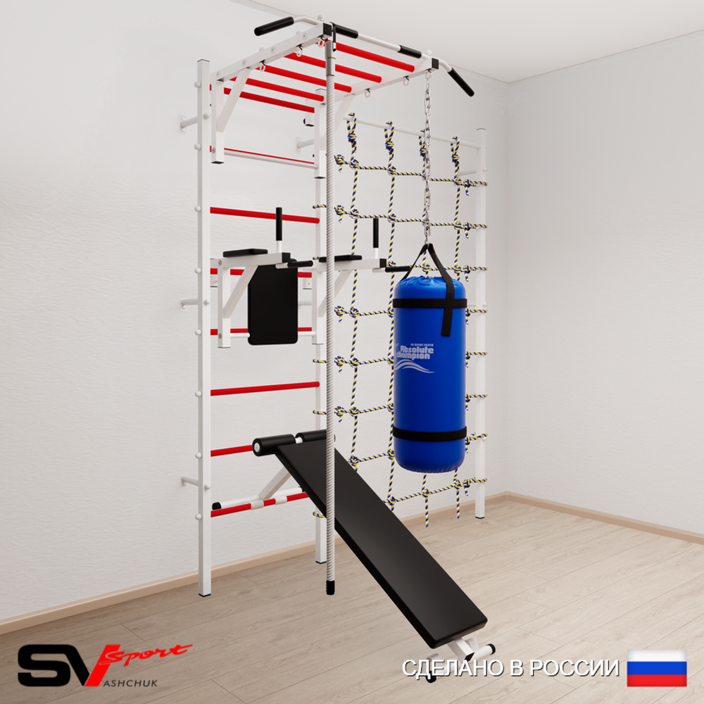 Шведская стенка Sv Sport 55010 (Турник рукоход/Брусья/Скамья/Канат/Цепь/Мешок 15кг/Канатный лаз)
