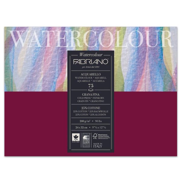 Альбом для акварели Watercolour Studio 25% хлопок, 75% целлюлоза 200 г/м², A4+ 24х32 см, склейка с одной стороны 75 л, мелкозернистая, Fabriano, 17522432