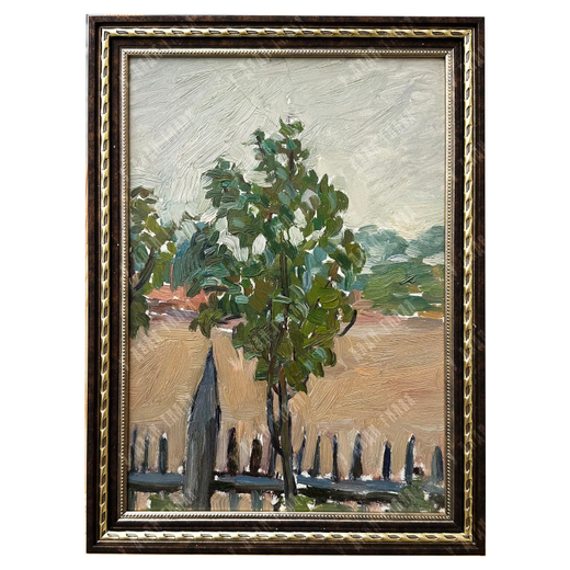 Динес Ю. С. Дерево и частокол. Этюд. Письмо. Картон, масло. 1951