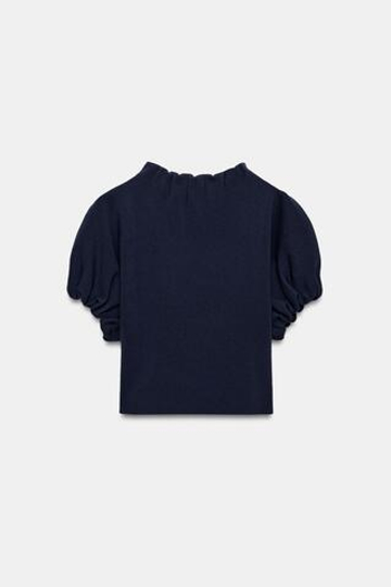 ZARA ТРИКОТАЖНЫЙ ТОП С РЮШАМИ, МОРСКОЙ СИНИЙ