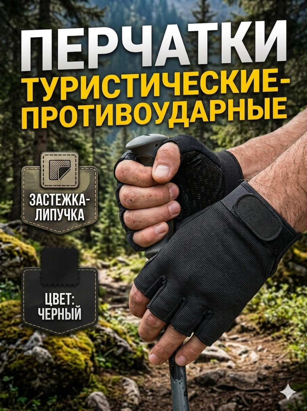 Перчатки туристические черные без пальцев KF37