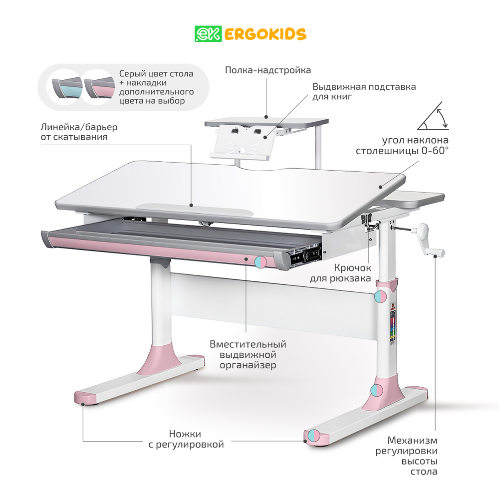 Письменный стол для школьников Ergokids Edmonton c полкой подставкой
