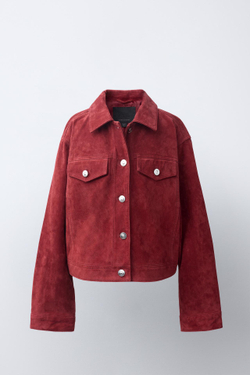 ZARA ЗАМШЕВАЯ КУРТКА ИЗ 100% КОЖИ, ТЕМНО-РОЗОВЫЙ