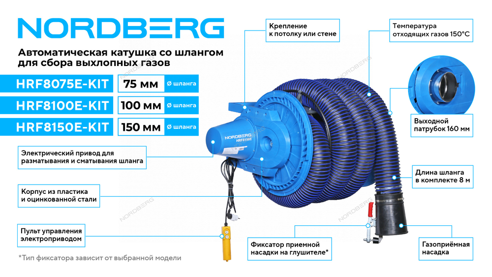 Катушка для сбора выхлопных газов с автоматическим приводом со шлангом L=8 м, D=75 мм и насадкой NORDBERG HRF8075E-KIT