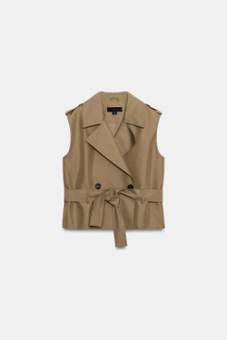 ZARA ДВУБОРТНЫЙ ЖИЛЕТ С ПОЯСОМ, ХАКИ
