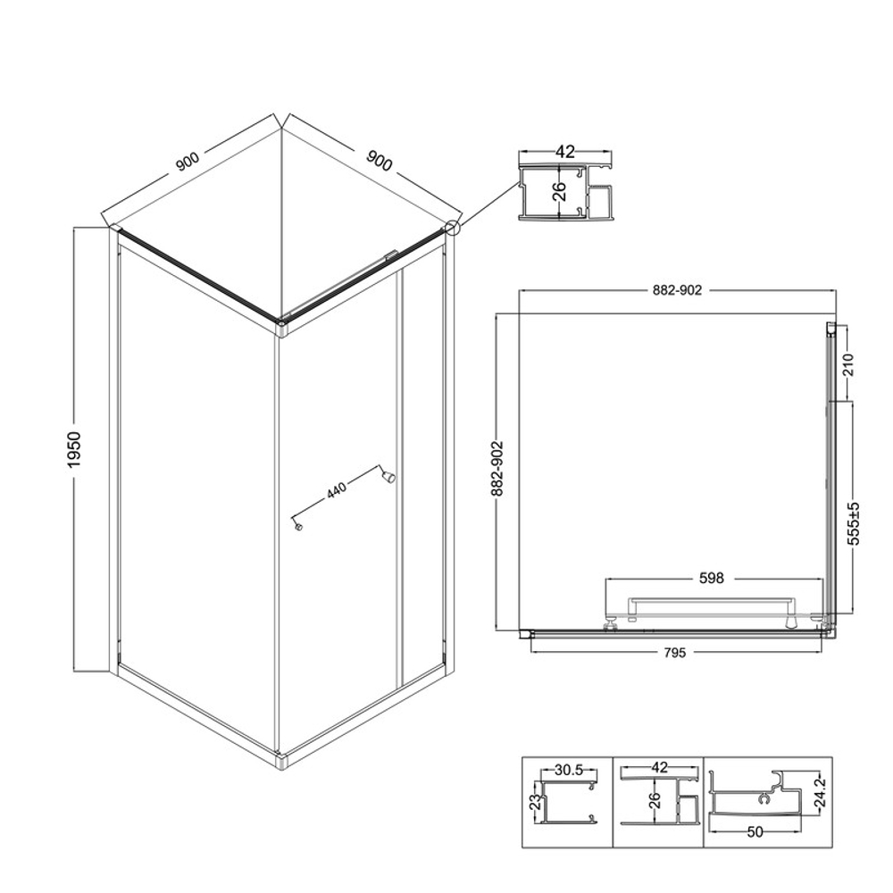 Душевое ограждение Niagara Nova NG-6833-34ВLACK (90х90х195) квадрат,черный матовый,двери раздвижные,стекло прозрачное,1 место