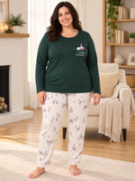 Женская пижама-комплект RUBINA Secret Homewear: верх и брюки, зелёная с зимним принтом