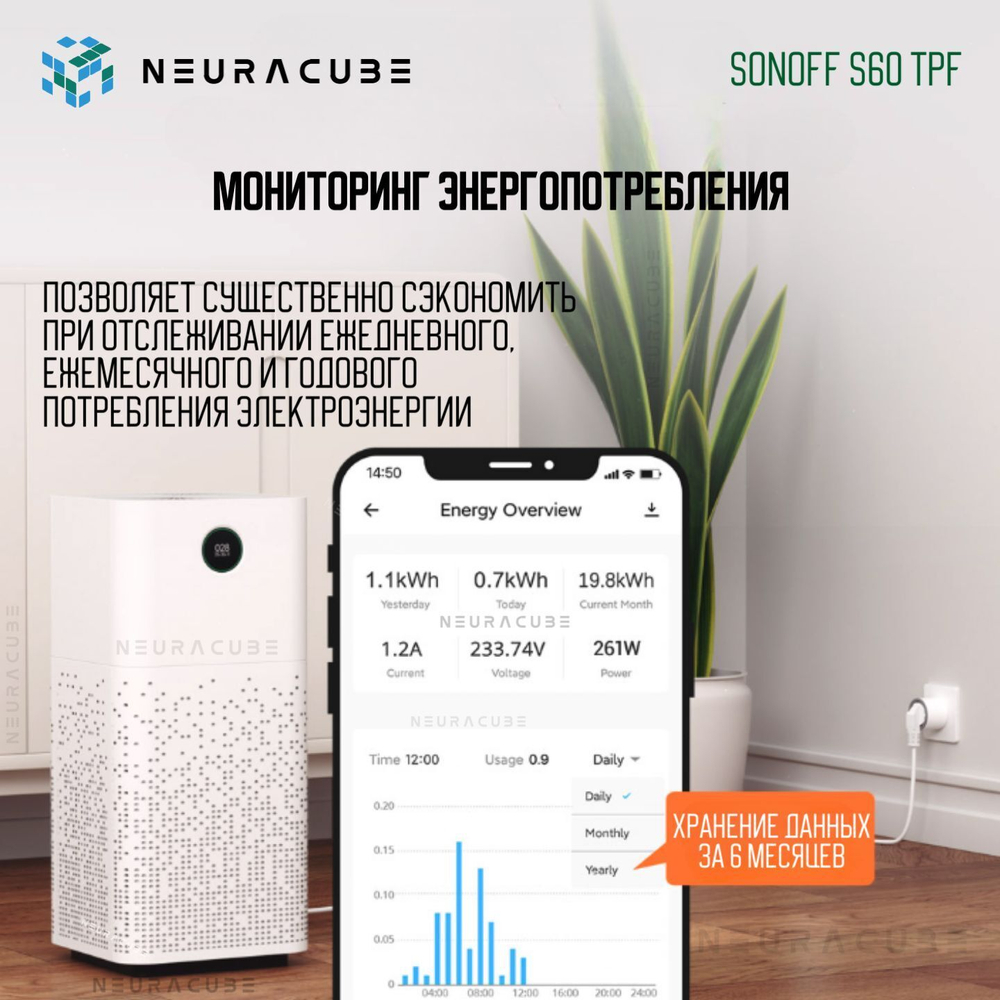 Умная WiFi розетка Sonoff S60TPF, 16А/4000Вт (Работает с Алисой)