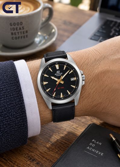 CASIO EFV-140L-1AVUDF EDIFICE мужские наручные часы — хронограф на кожаном ремешке с черный циферблатом