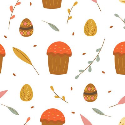 Пасхальный кулич, крашеные яйца, веточки вербы и листья на белом фоне