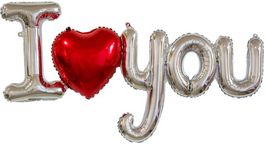 Фольгированный шар (39''/99 см) Фигура, Надпись "I love you" с сердцем, Серебро, 1 шт. (надувается только воздухом)