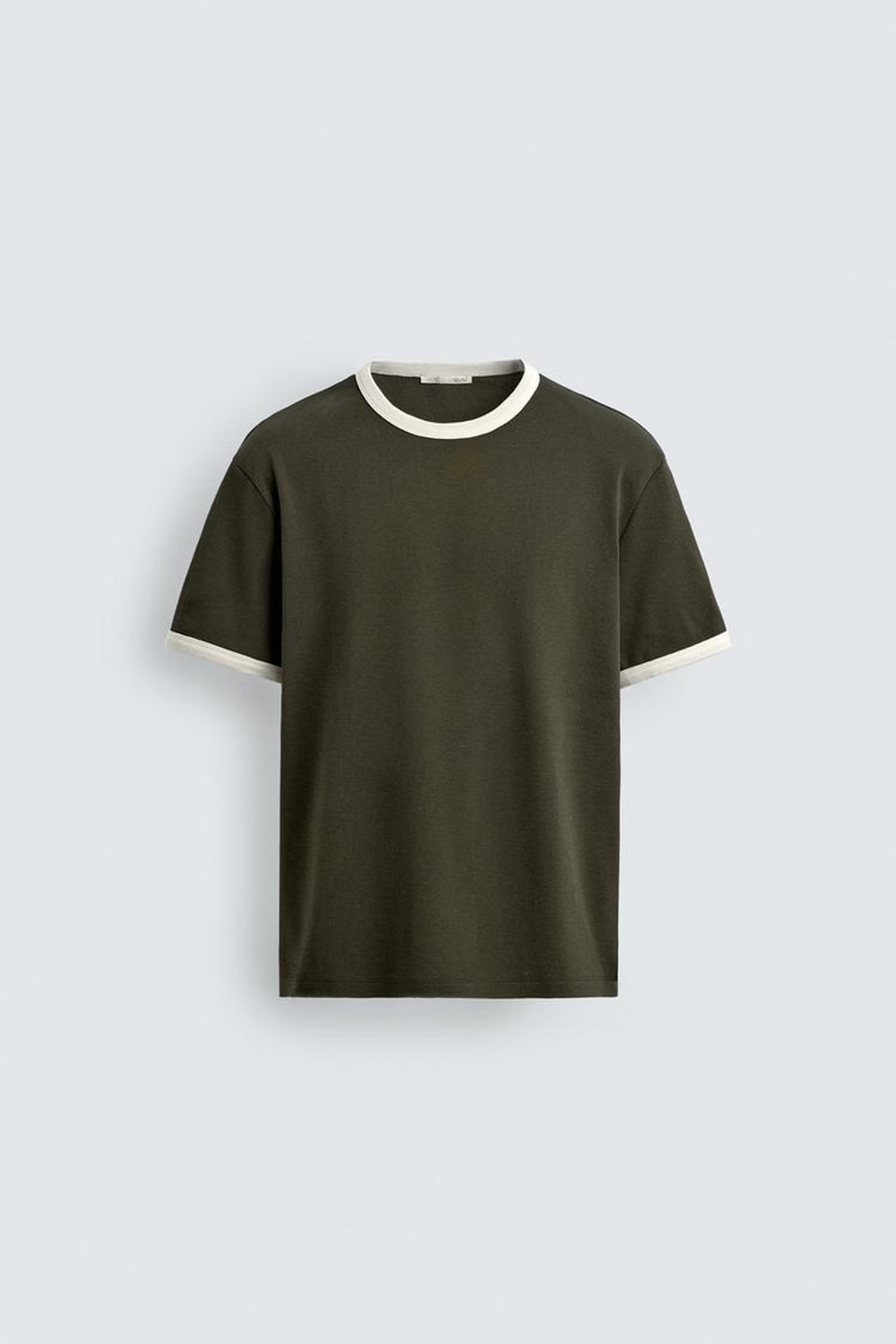 ZARA ФУТБОЛКА В РУБЧИК С КОНТРАСТНОЙ ОТДЕЛКОЙ БАЗОВАЯ, ЗЕЛЕНЫЙ