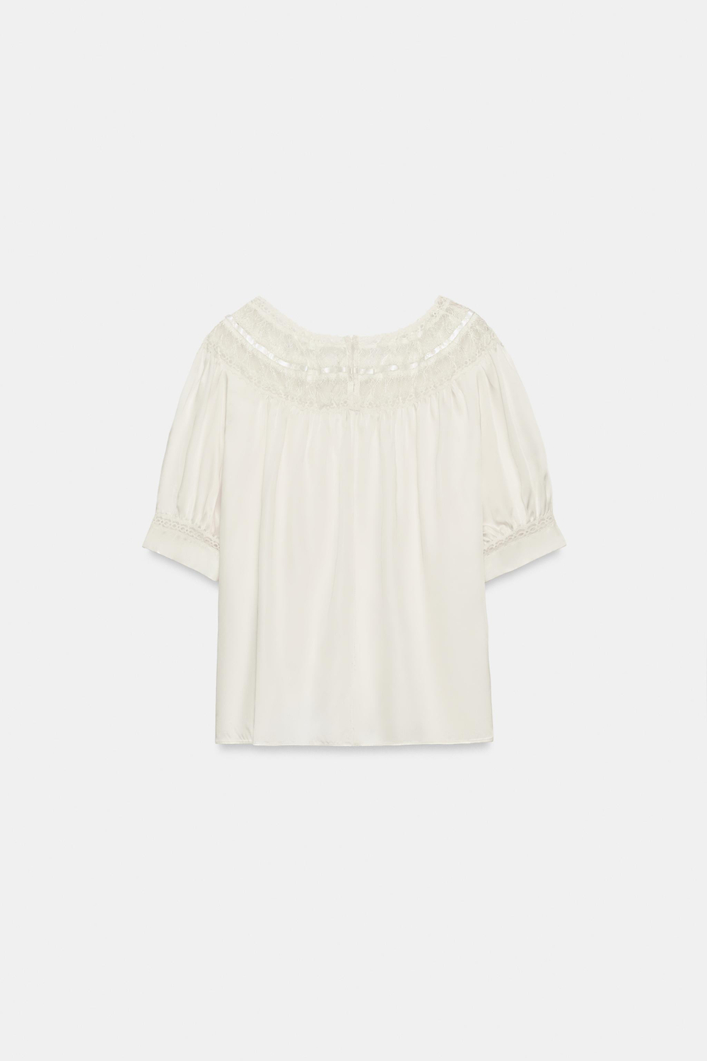 ZARA БЛУЗА С КОРОТКИМИ РУКАВАМИ И КРУЖЕВОМ — ZW COLLECTION, БЕЛЫЙ