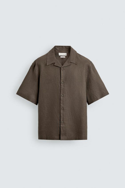 ZARА РУБАШКА RELAXED FIT ИЗ 100% ЛЬНА, СЕРОВАТО-КОРИЧНЕВЫЙ