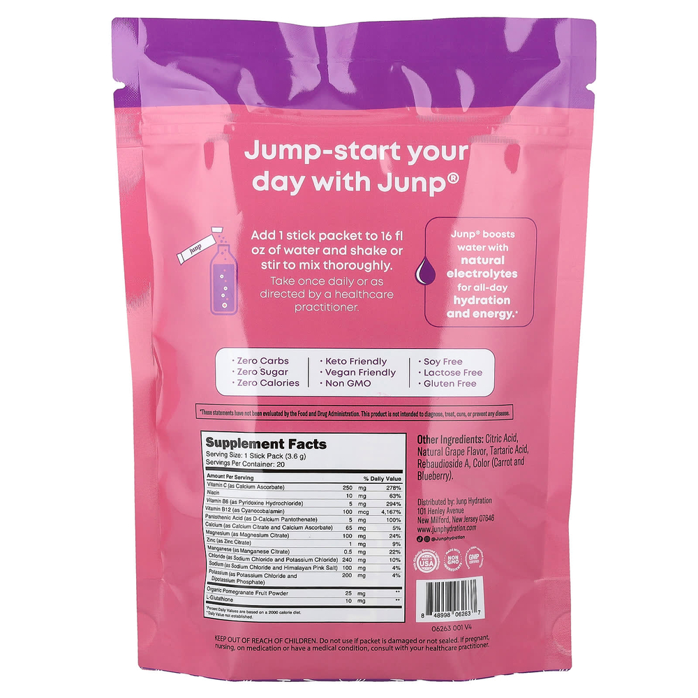 JUNP Hydration, электролитная порошковая смесь, со вкусом винограда, 20 пакетиков по 3,6 г (0,13 унции)