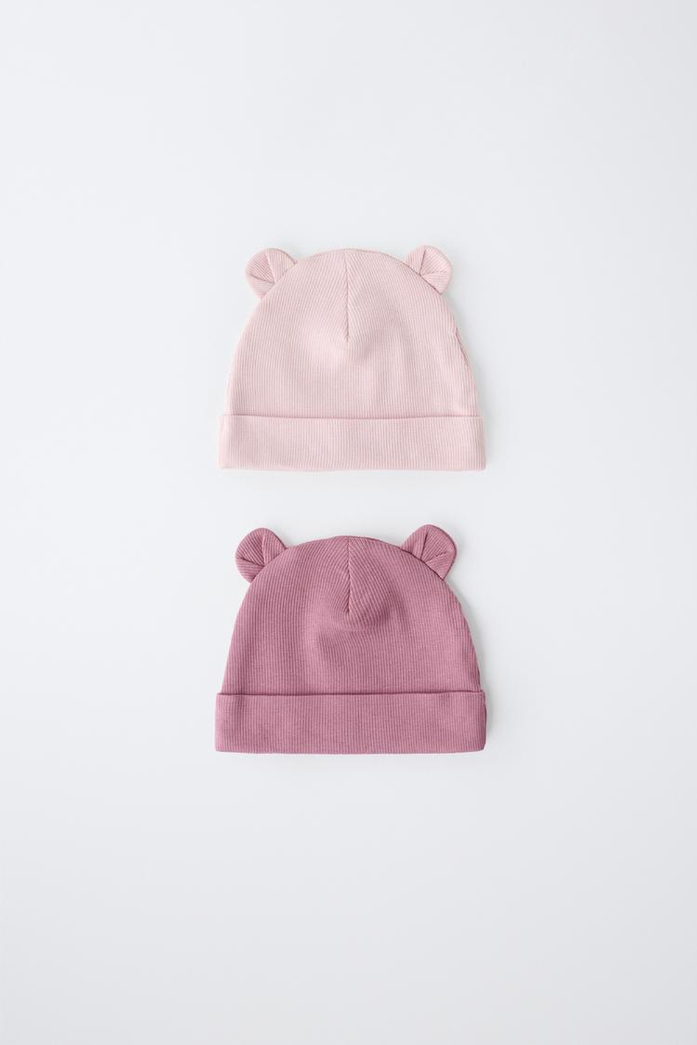 ZARA НАБОР ИЗ ДВУХ ШАПОК В РУБЧИК С УШКАМИ, РОЗОВЫЙ