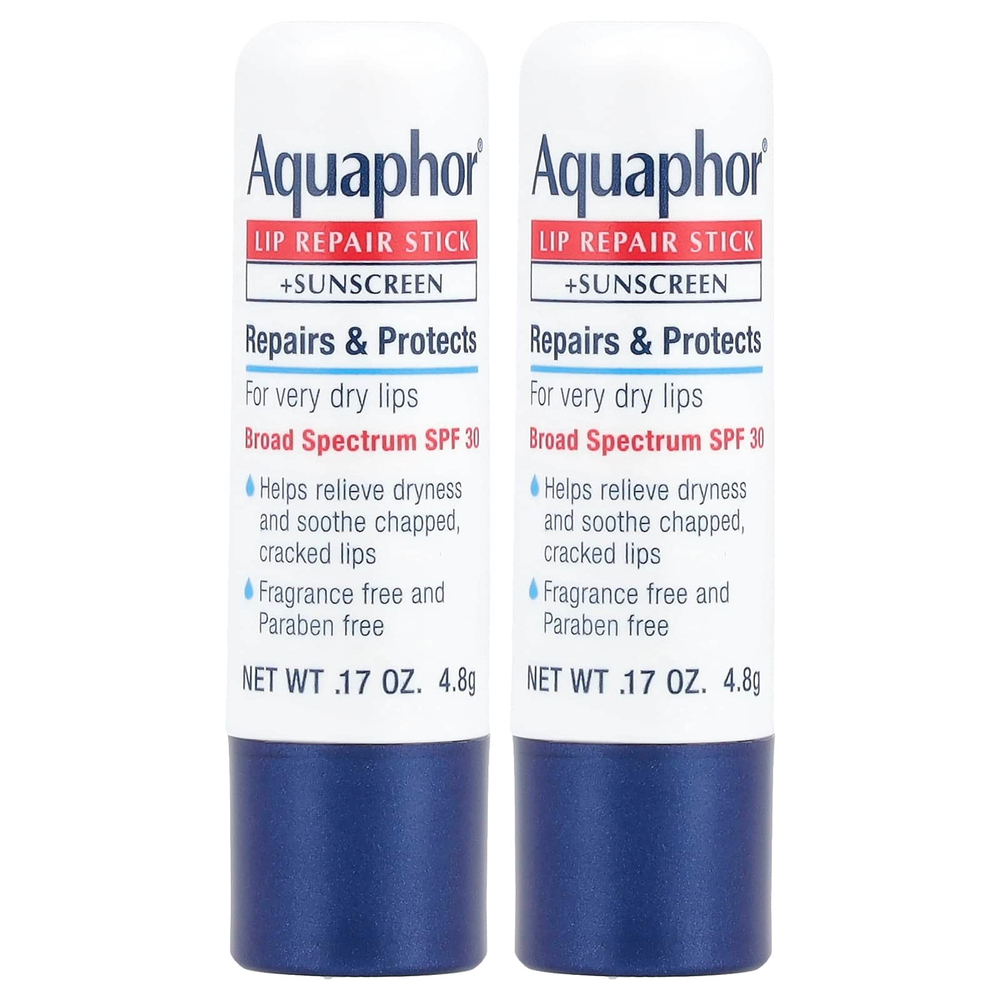 Aquaphor, Стик для восстановления губ + солнцезащитный крем, SPF 30, без отдушек, 2 стика по 4,8 г (0,17 унции)