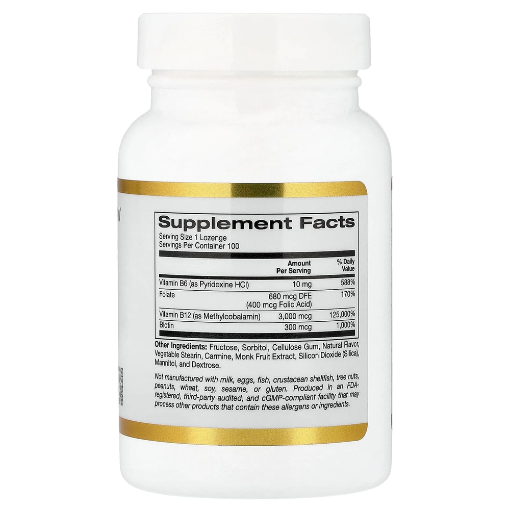 California Gold Nutrition, комплекс с метилом и витамином B12 с фолатом, биотином и витамином B6, со вкусом вишни, 100 пастилок
