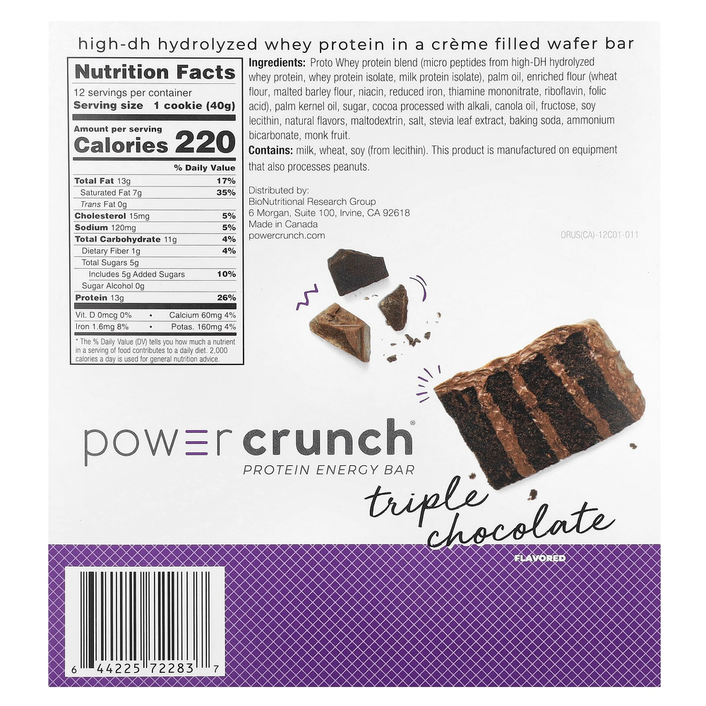 BNRG, Power Crunch®, протеиновый батончик, тройной шоколад, 12 батончиков по 40 г (1,4 унции)