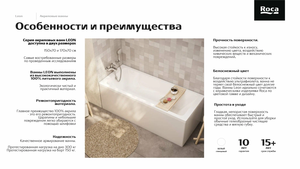 Ванна акриловая Roca LEON 150х70 пристенная (7.2486.5.900.0)
