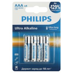 Батарейки Philips LR03E4B/51 ААА алкалиновые 1,5v 4 шт. LR03-4BL Ultra (4/48/144/27648) | Philips