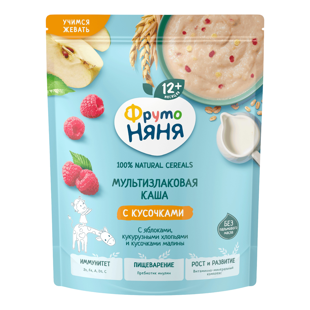 Каша молочная ФрутоНяня мультизлаковая, яблоко, кукурузные хлопья,кусочки малины, 190г.