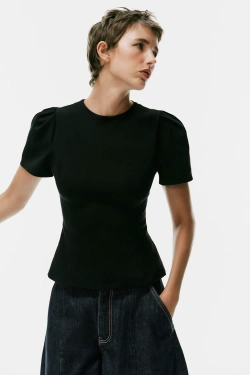 ZARA ТОП С ОБЪЕМНЫМИ РУКАВАМИ, ЧЕРНЫЙ