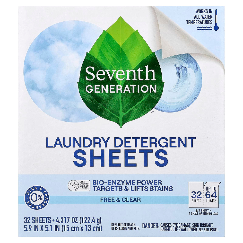 Seventh Generation, моющее средство для стирки, Free & Clear, 32 шт., 122,4 г (4,317 унции)