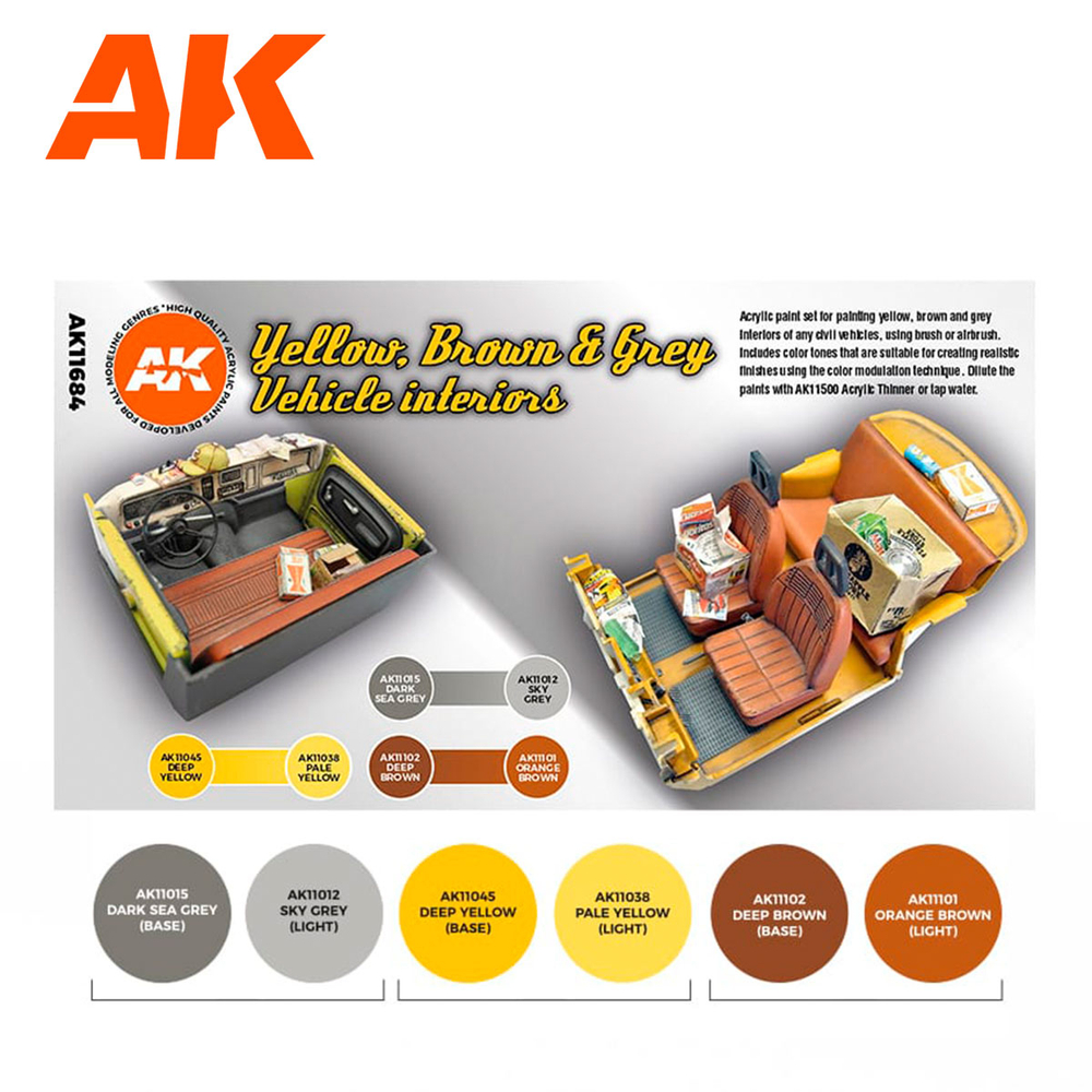 Набор красок AK Interactive Yellow, Brown & Grey Vehicle Interiors Set 3G, 6 красок